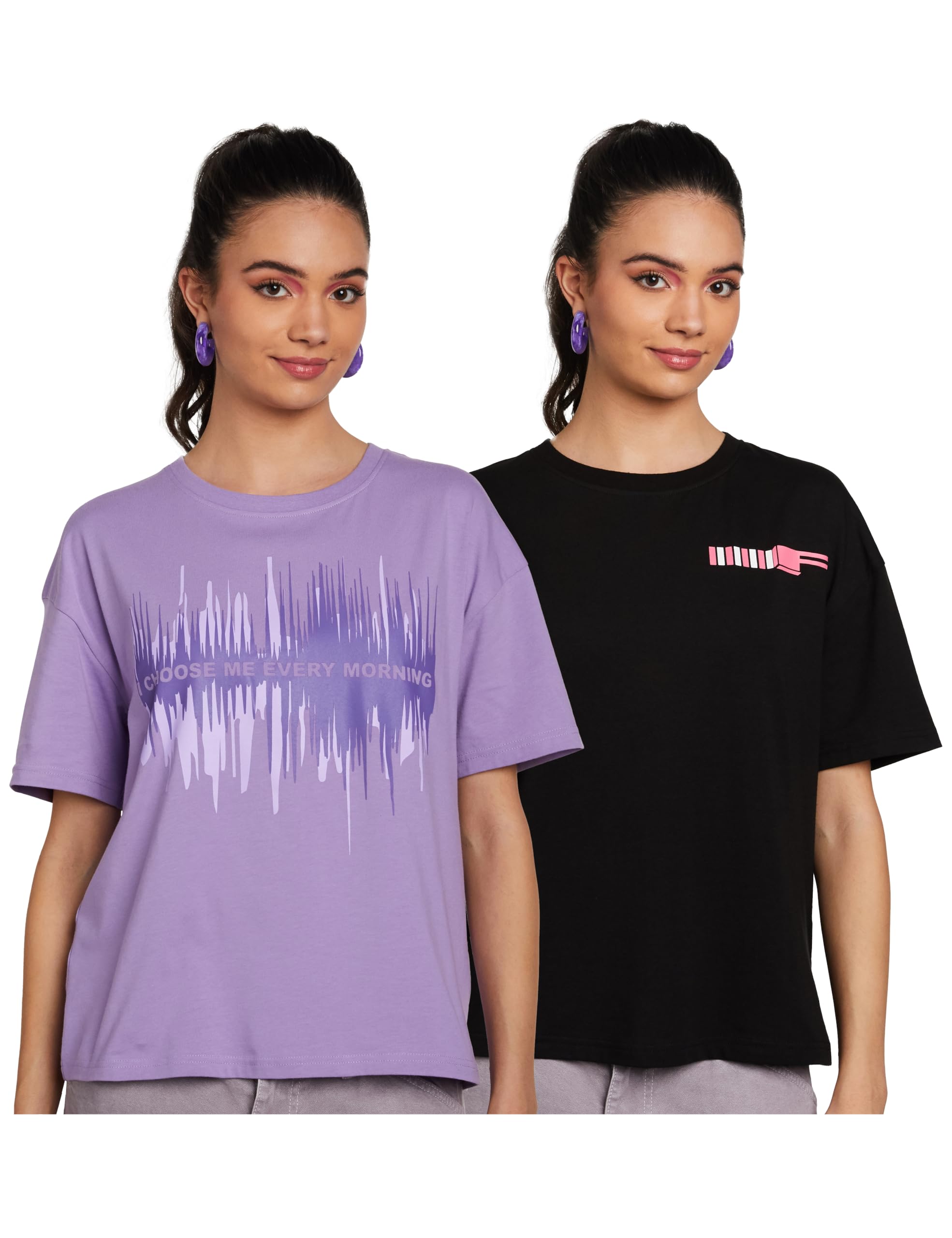 amazon brand - symbol Women's Cotton Stretch Half Sleeve Round Neck Oversized Loose Fit T-Shirts (Front & Back Print | Combo Pack of 2)-picture-27