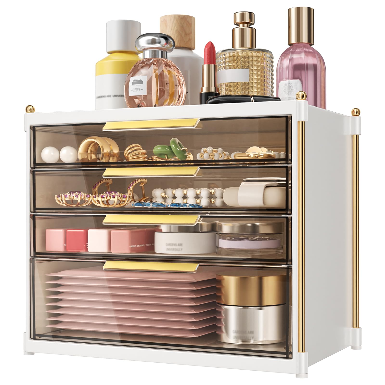 Aveniee 4 Drawers Makeup Organizer- Bathroom Organizers and Storage Plastic Bins Countertop Perfume Vanity Desk Organization for Cosmetic