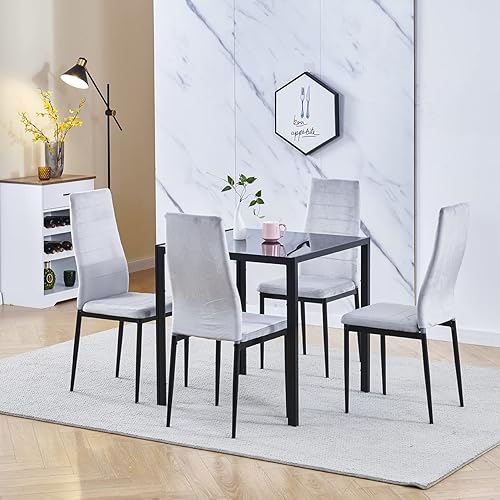 Juego de mesa de comedor para 4 mesa cuadrada de cristal negro de 295 pulgadas y 4 sillas de terciopelo con marco de metal para cocina bar sala de