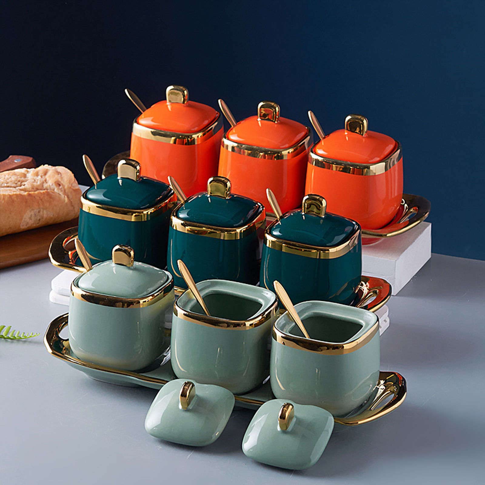 Sucrier en céramique avec couvercle et cuillère, sucrier Phnom Penh avec couvercle et cuillère, 3 ensembles de pots à sucre, pots à épices, pots à sel, pots à sucre en céramique colorés - Rouge - 3 en