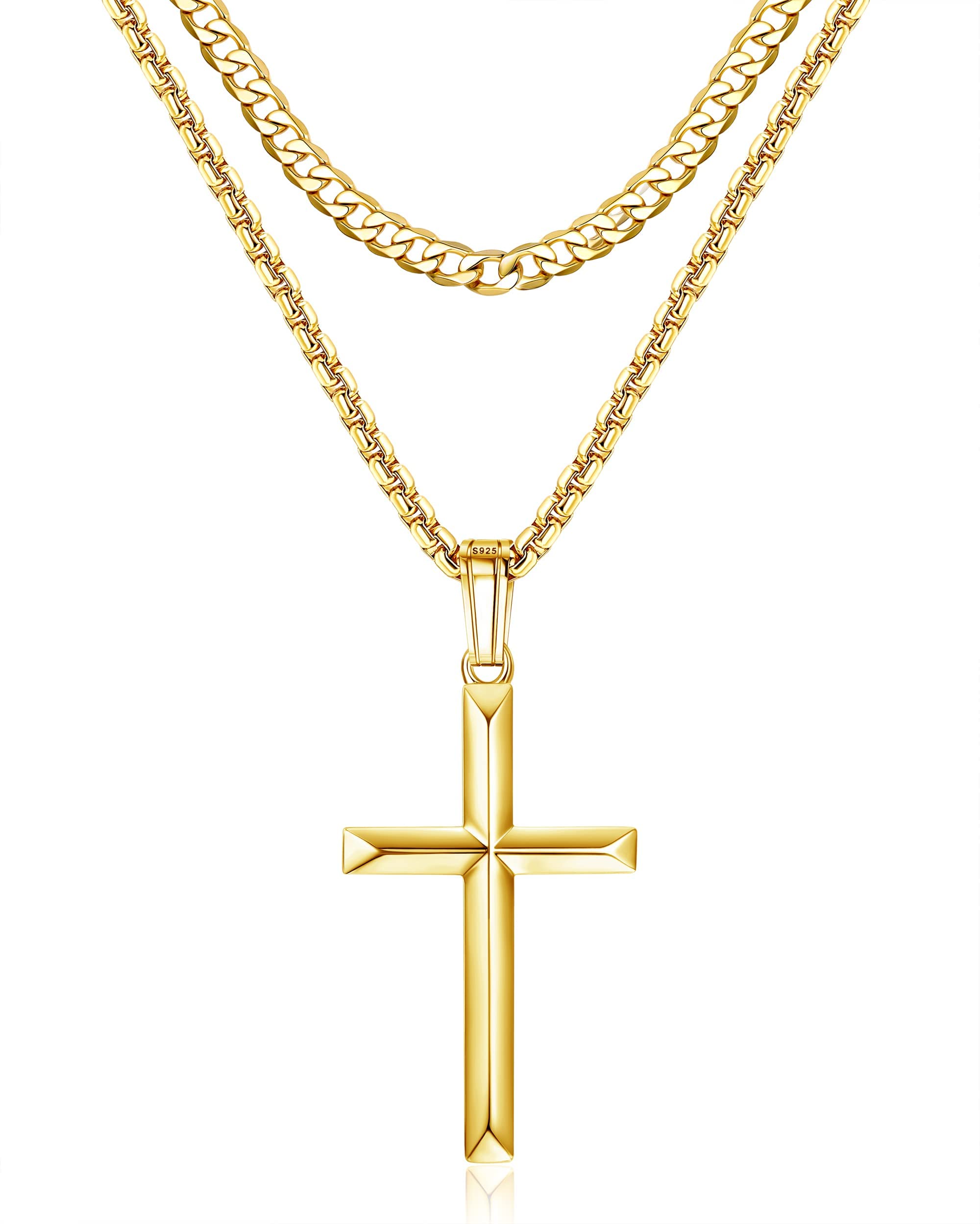 Roheafer925 Sterling Silver Cross Pendant Layered Necklace for Men Women with 5mm Stainless Steel Curb Cuban Link Chain and Box Chain Silver/Gold Cross Chain Necklace for Men Jewellery 18-24 Inches