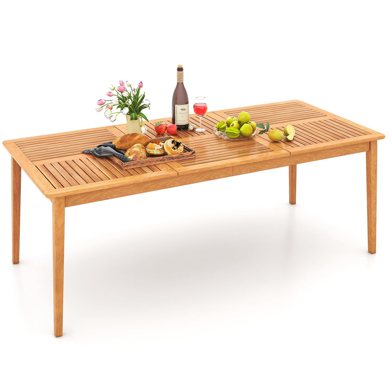 TANGZON Garden Table for 8, Acacia Wood Outdoor Dining Table with Parasol Hole & Slatted Top, Bistro Patio Dining Tables Furniture for Backyard Balcony Lawn Poolside (200 x 90 x 75 cm)