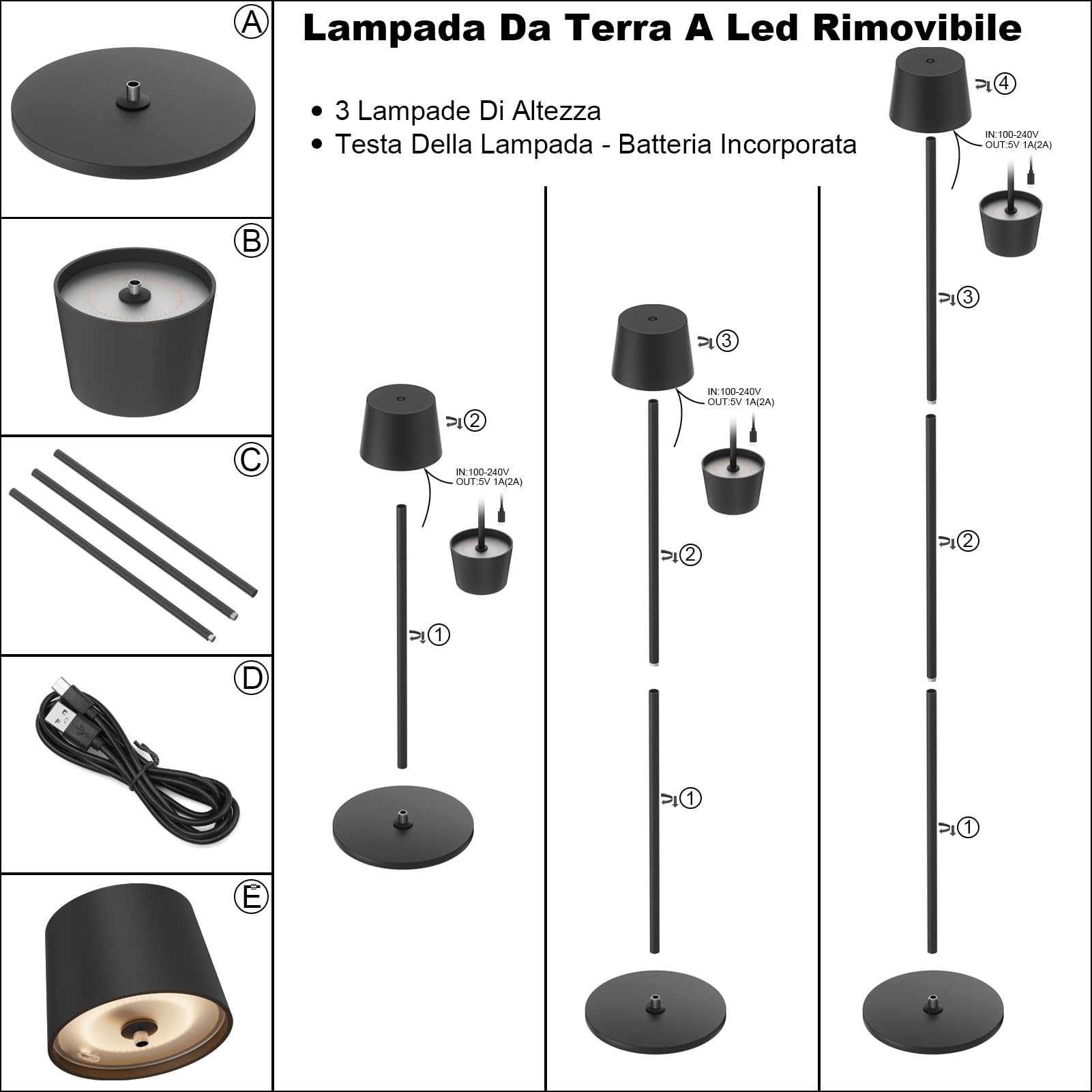 K-Bright Lampada da Terra 3000K LED, Alimentata a Batteria Ricaricabile da 4W, IP54 Impermeabile Senza Fili per Esterni Dimmerabile (Antracite)