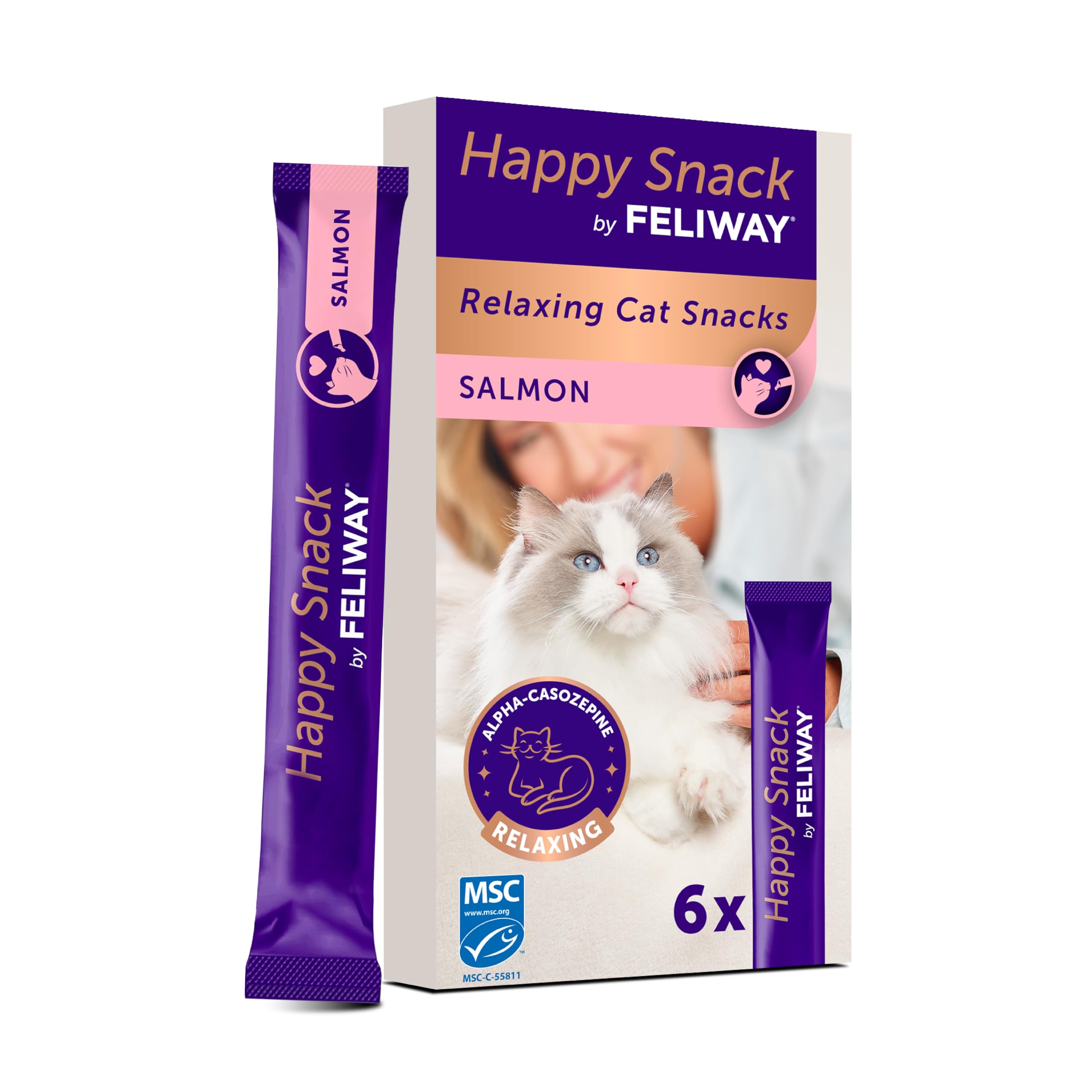 Happy Snack by FELIWAY Salmon - Delicious Calming Creamy Cat Treats, 6 snack sticks - Helps cats feel calmer and promotes bonding