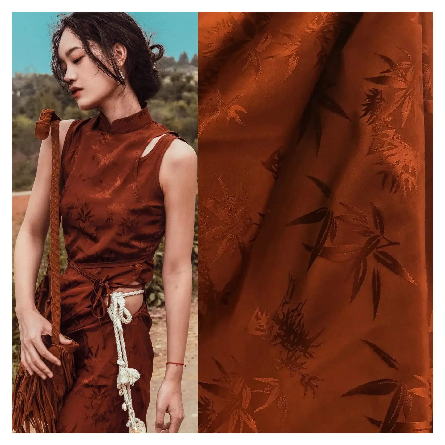 L6NqIAG Tessuto jacquard Tessuto jacquard verde con motivo a foglie di bambù, in rayon al metro, for cucito, cheongsam, hanfu, moda, semplice, traspirante(Light blue)