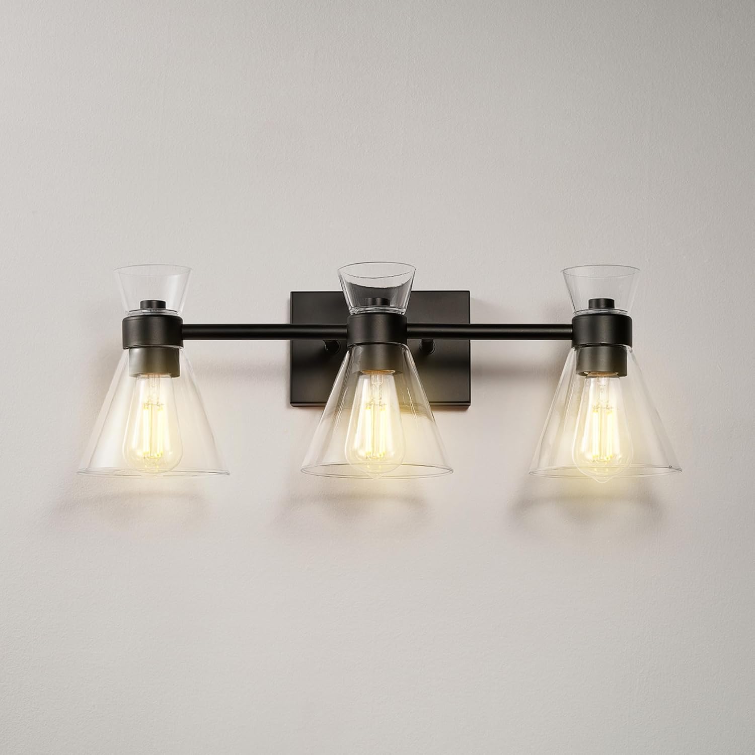 Globe Electric 63000055 3-Light Vanity Light, Matte Black, Clear Glass Shades, Bathroom Lights Over Mirror, Lights for Bathroom, Powder Room Lighting, Makeup Mirror Lights, Home Décor, Bathroom Décor