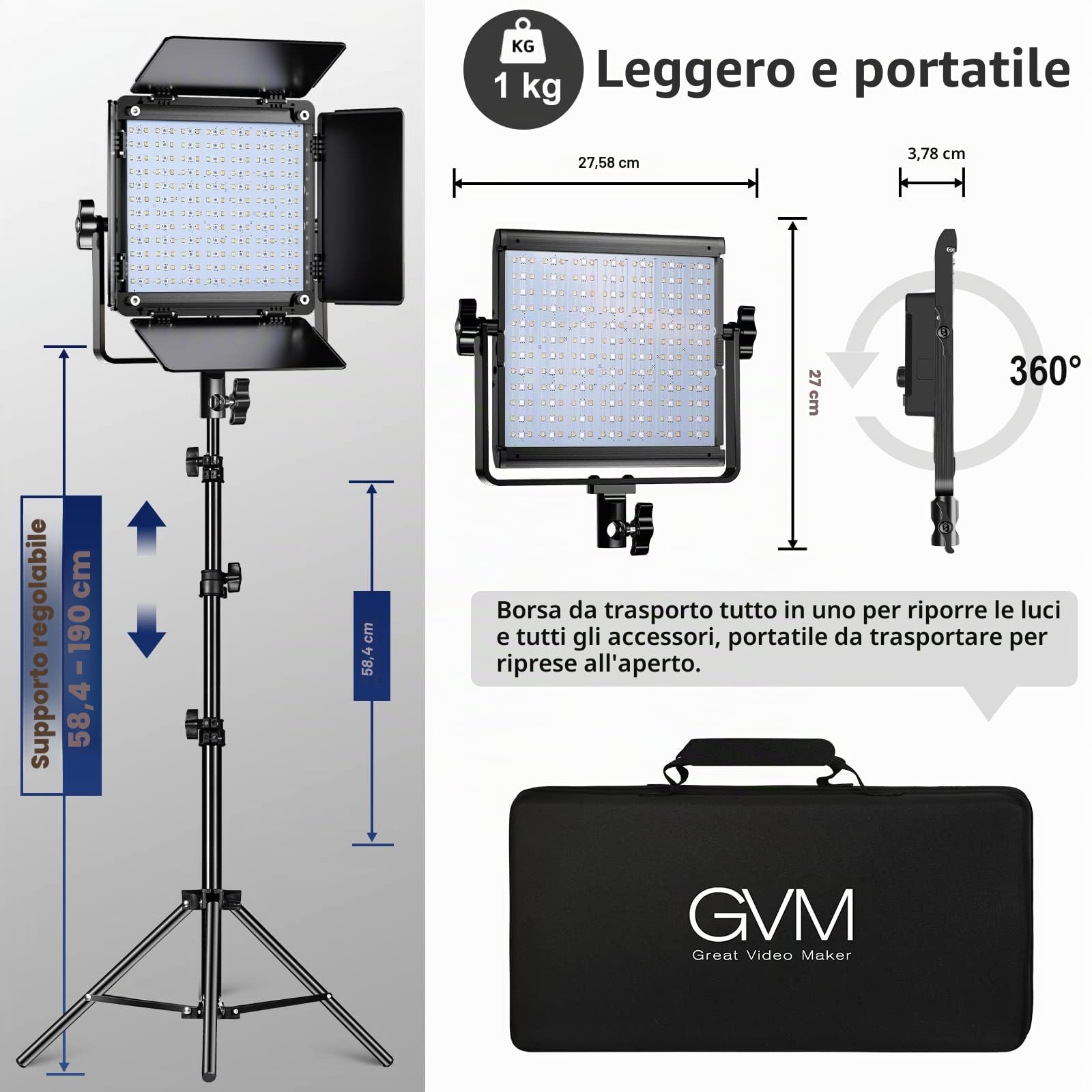 GVM RGB, lampada video LED RGB con treppiede, controllo APP LED, illuminazione video, per YouTube, CRI97, 3200-5600 K, luce studio (2 pezzi)