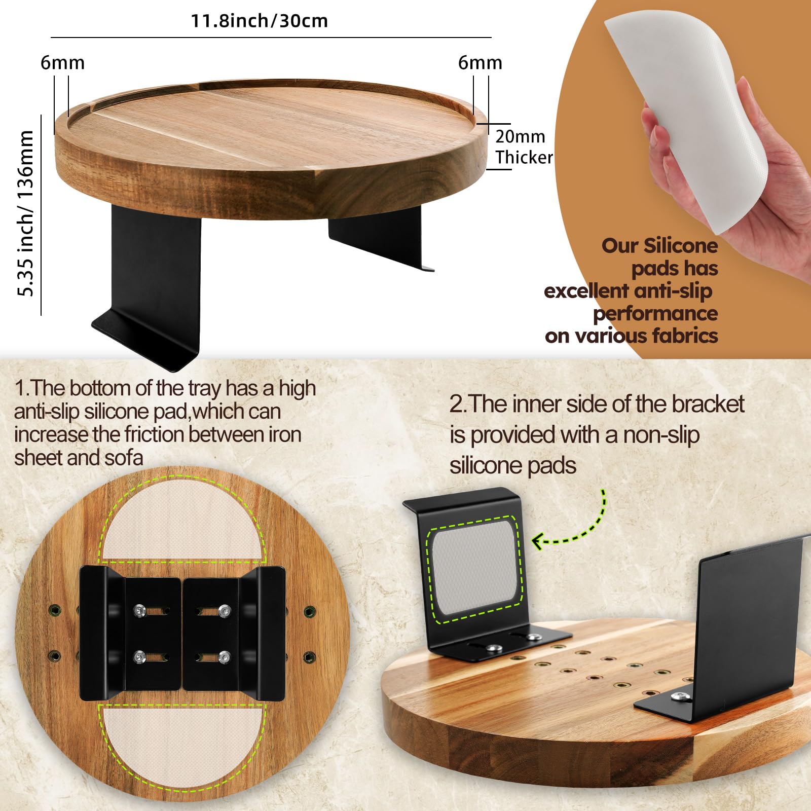 Sofa-Armlehnentablett aus Akazienholz, verstellbar, rund, Armlehnentablett, Holzstuhl-Armlehnentablett für breite, dünne Sofas, Armlehnen, Sesseltisch zum Essen