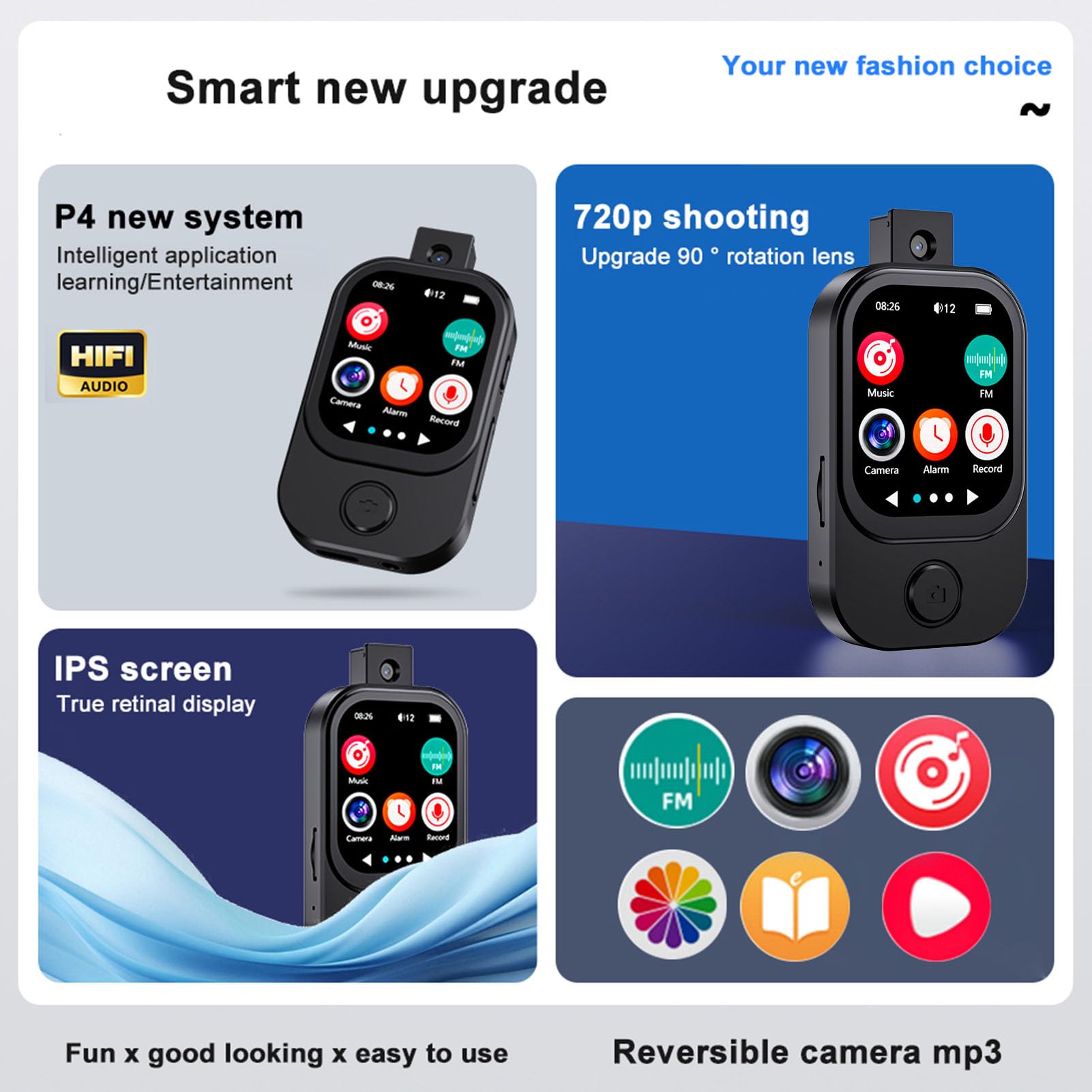 Odtwarzacz MP3 Bluetooth z kamerą, 2,01-calowy ekran dotykowy 720P HD Odtwarzacz muzyki wideo z głośnikiem, książką elektroniczną, budzikiem, radiem FM i stoperem (czarny) (128G Mała karta
