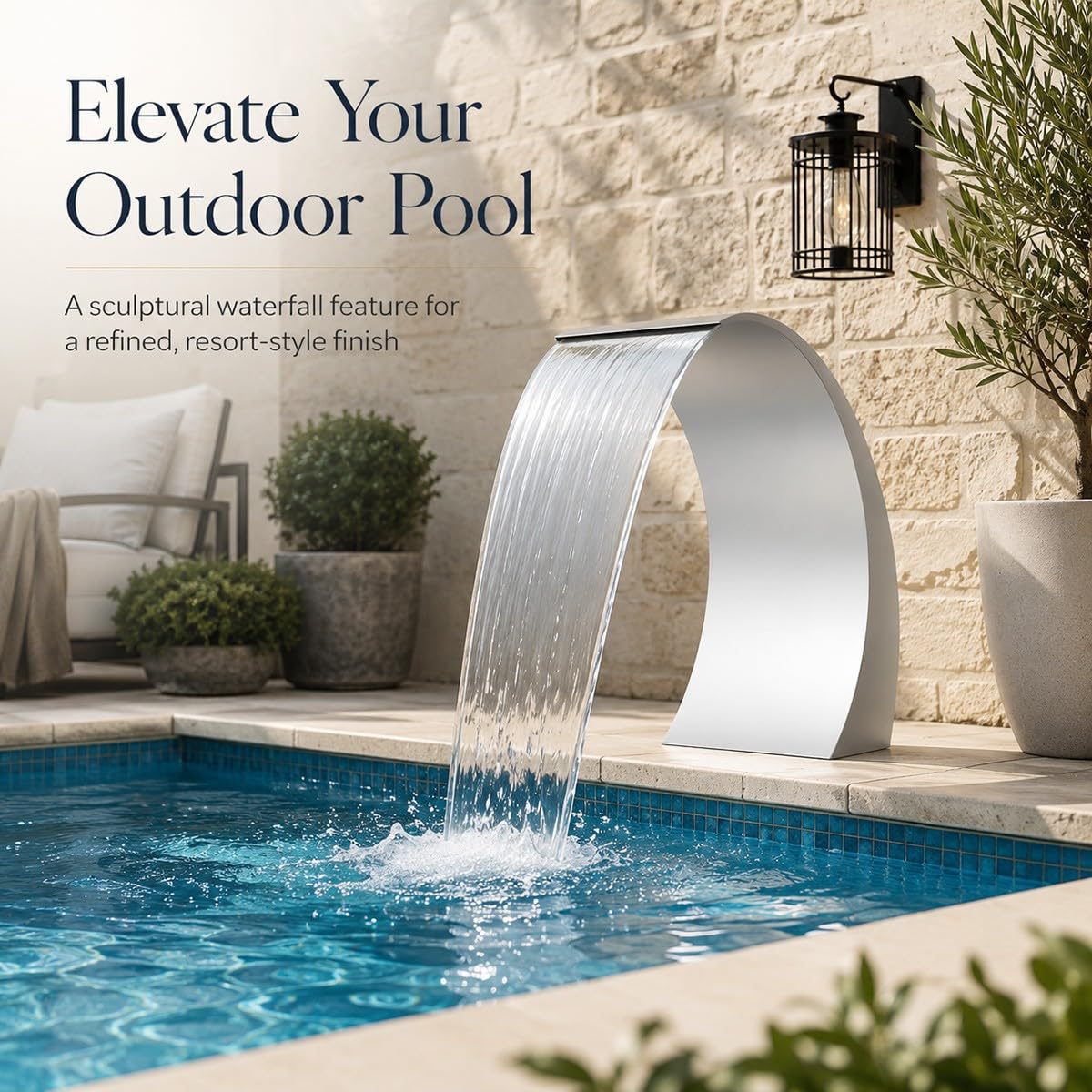 Fontaine Cascade Piscine et Étang – Lame d’Eau en Acier Inoxydable 304 – Débit Constant Design Incurvé – Déversoir pour Bassin de Jardin et Spa – Pompe Non Incluse