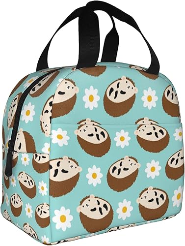 Miniatura 2 de Bolsa de almuerzo con bonito patrón con erizos y flores en una lonchera aislada azul para regreso a clases, bolsas reutilizables para comidas,