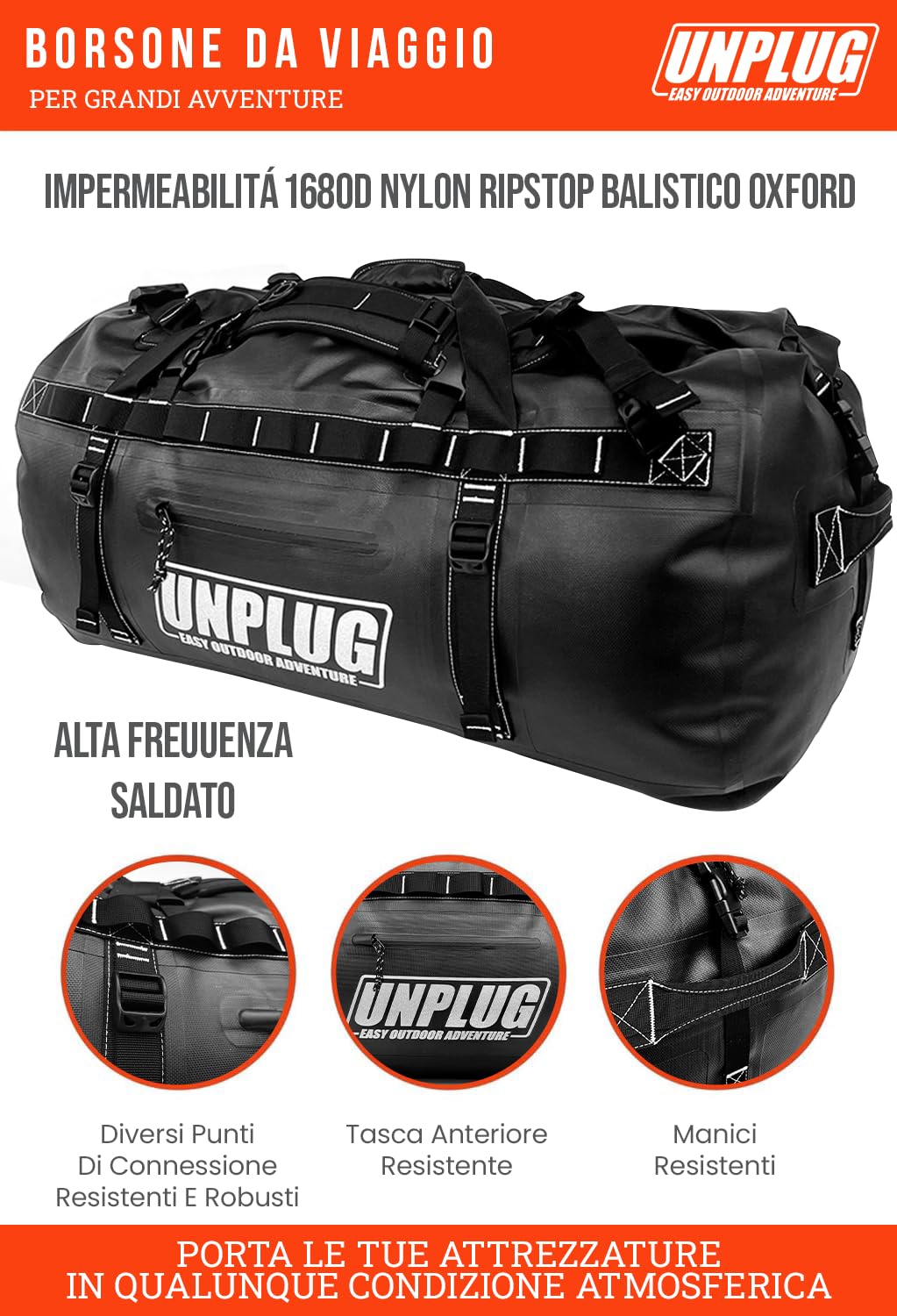 UNPLUG Ultimate Adventure Bag -1680D Borsone Impermeabili Da Viaggio per il Campeggio, Borsa asciutta per moto, Borse impermeabili per la nautica, Zaino impermeabile, Borsa tattica