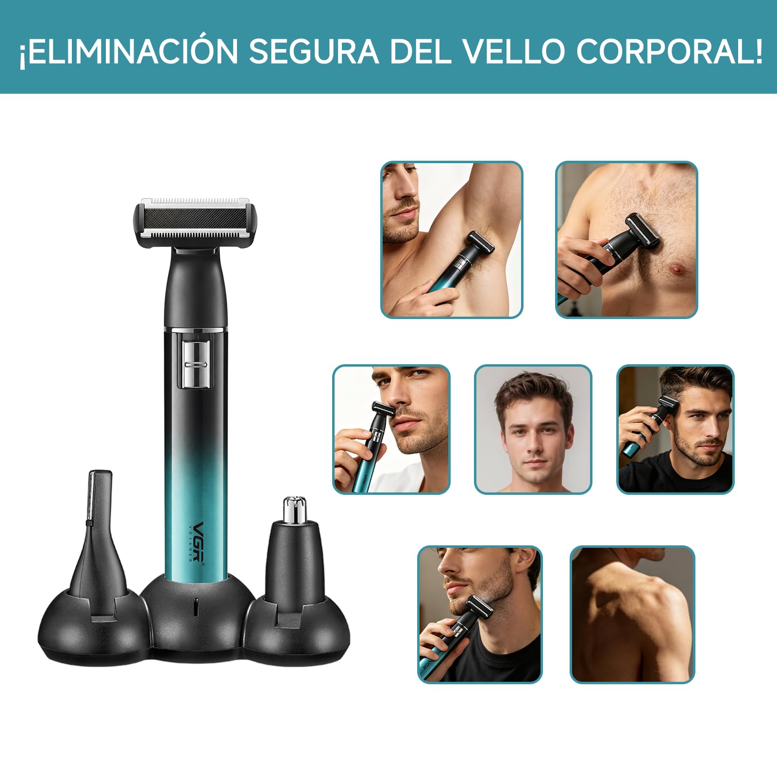 VGR 628 Depiladora Corporal Hombre 3 en 1, Afeitadora Corporal Masculina Inalámbrica, Maquina Depilar Hombre con Base, Adecuada Para Pecho, Piernas, Axilas, Nariz Y Rostro, Carga USB, IPX5, Verde