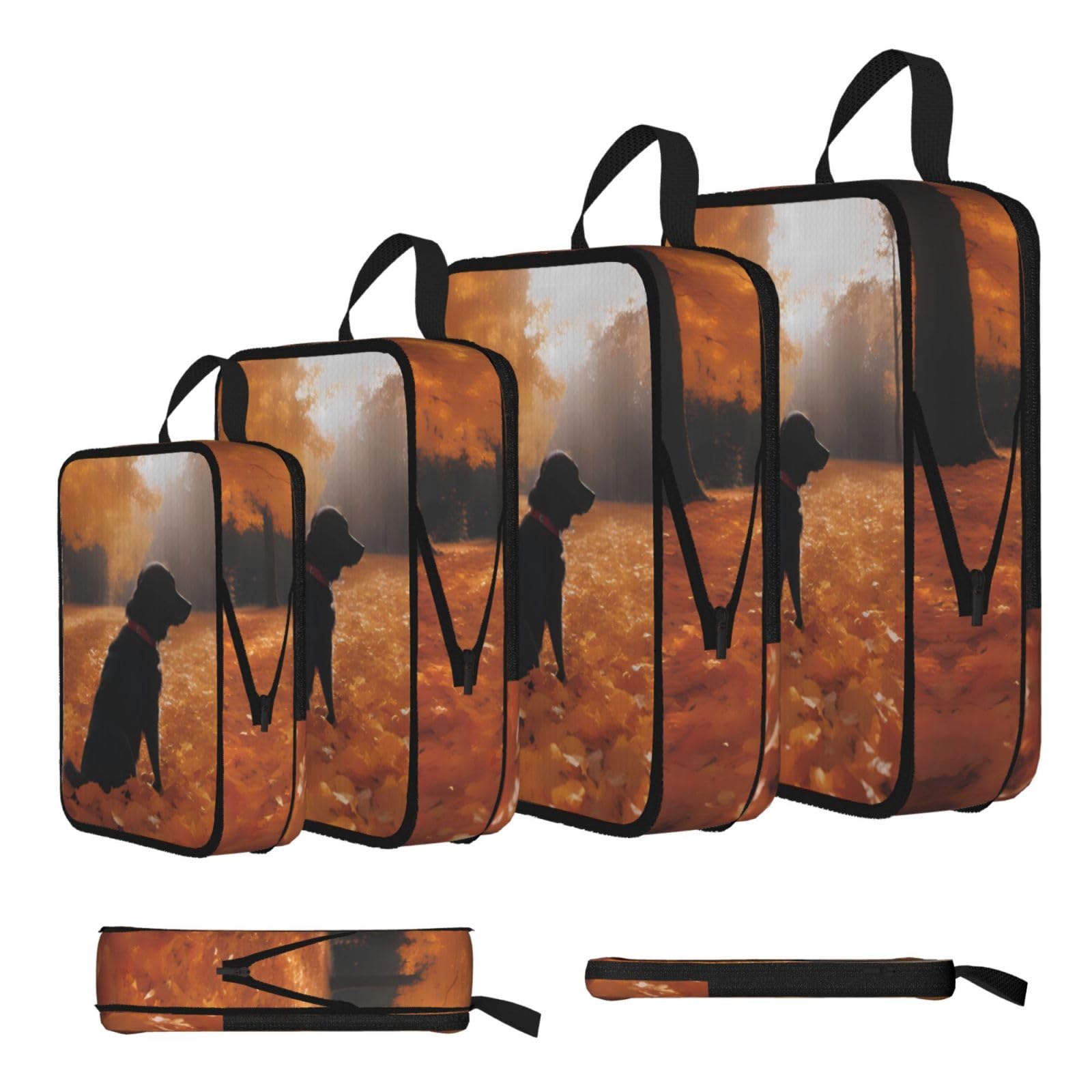 Sxzvvbn Black Leaves With Dogs Compression Packing Cubes 4 Piece Set