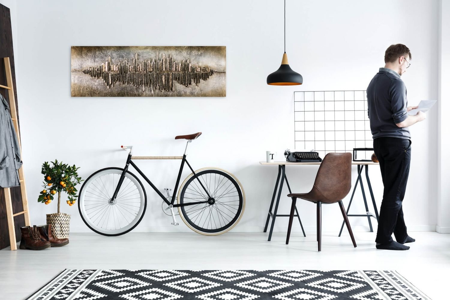 KunstLoft Wanddeko Holz rustikal | 100% HANDGEFERTIGT | 144x44x7.5cm | Holzbild 'Frequency 1000' | Abstrakt | Gold Braun | Wandbild Holz
