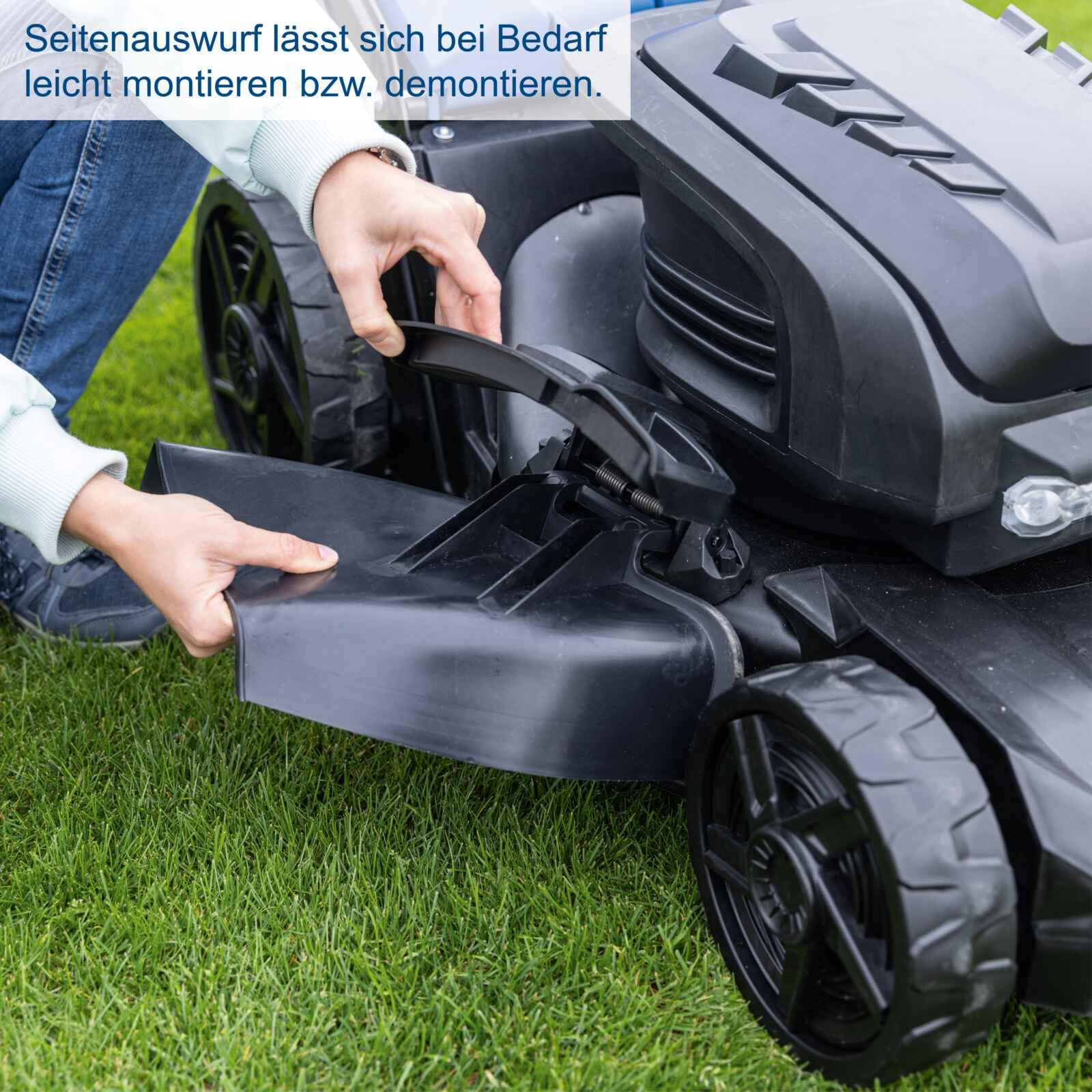 Scheppach Akku Rasenmäher BC-MP470-X mit Varioantrieb | Schnittbreite 47cm | Fläche bis 700m² | Seitenauswurf, Mulcheinsatz | 20V-IXES-Serie | 10 Jahre Garantie | mit 4X 4Ah Akku & 2X Doppelladegerät