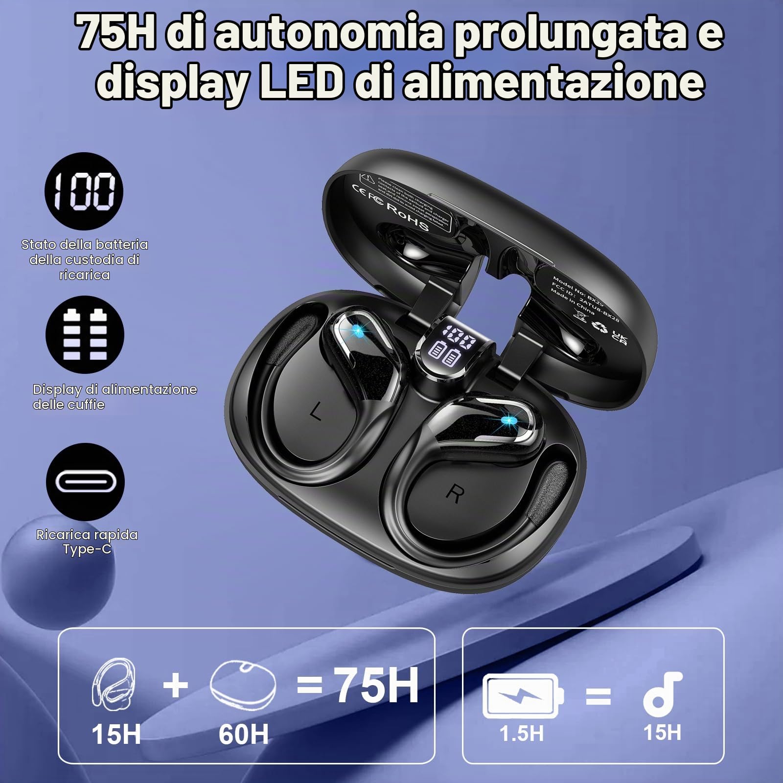 Cuffie Bluetooth Sport, Auricolari Bluetooth 5.4 HiFi Stereo, 75 Ore Cuffie Wireless Cancellazione Rumore, IPX8 Impermeabile Cuffiette Bluetooth, Ricarica Rapida USB-C, Cuffie Senza Filo LED Display