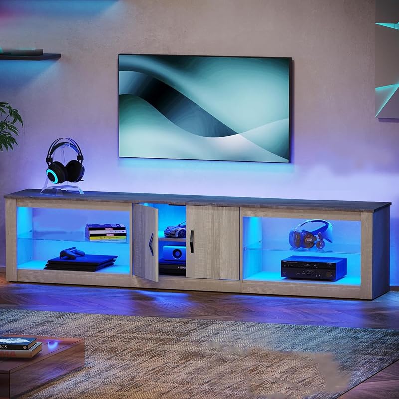 Bestier 80 Inch TV Stand for 75/77/85/86 inch TVs, LED Gaming Entertainment Center for PS5 with Storage Cabinet &Adjustable Glass Shelves, Modern TV Console Table for Living Room Bedroom, Wash White image 5