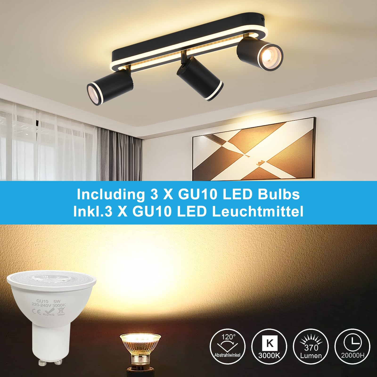 SANSHI Faretti da Soffitto Orientabili Interno LED 3 Luce,Faretti da Parete con Inferiore 27W+3x5W,GU10 Lampadario Faretti,Moderna Plafoniera Faretti Bianco Caldo 3000K per Cameretta Cucina Barra,Nero