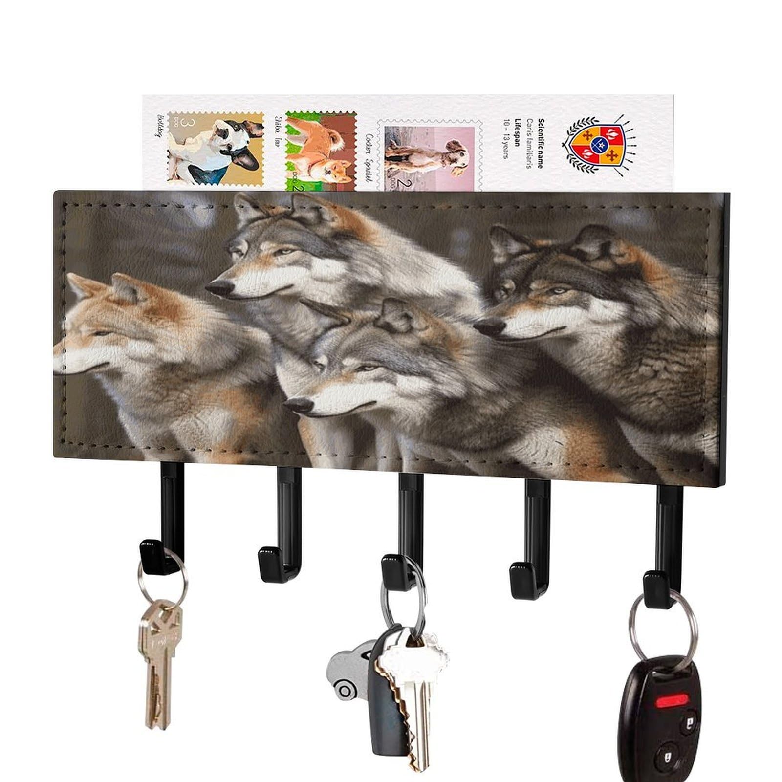 MUSM Different Colored Wolves Key Holder for Wall,Mail Organizer Wall Mount with 5 Hooks,Easy Installation Key Rack for Home Decor, Hallway, Entryway, Appartment
