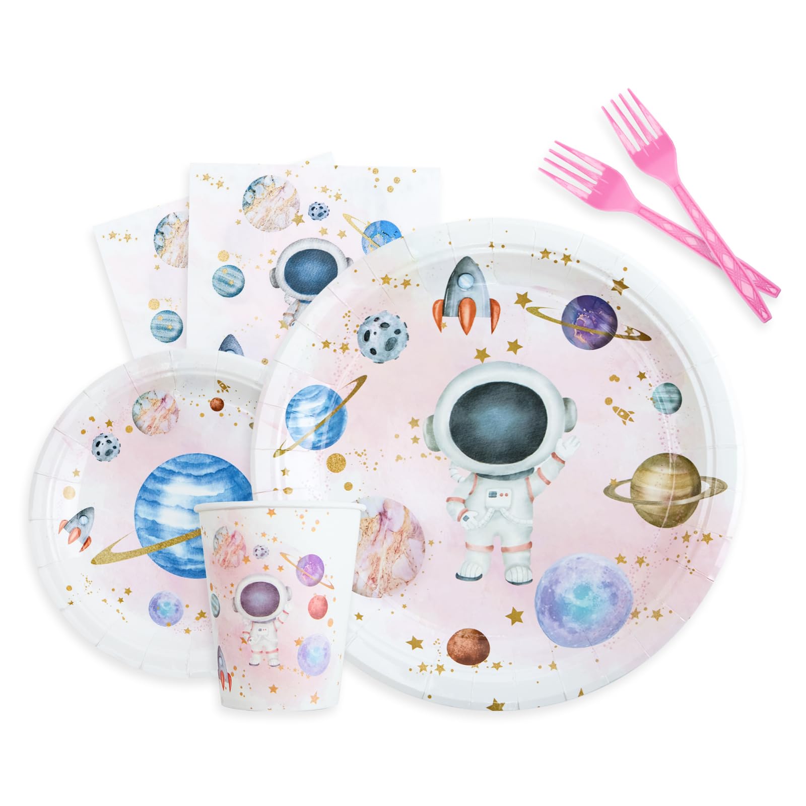 Space Party Decorations - Pink Space Themed Birthday Party Tableware Set Includes Plates, Napkins, Cups, Forks, Galaxy Astronaut Design Supplies for