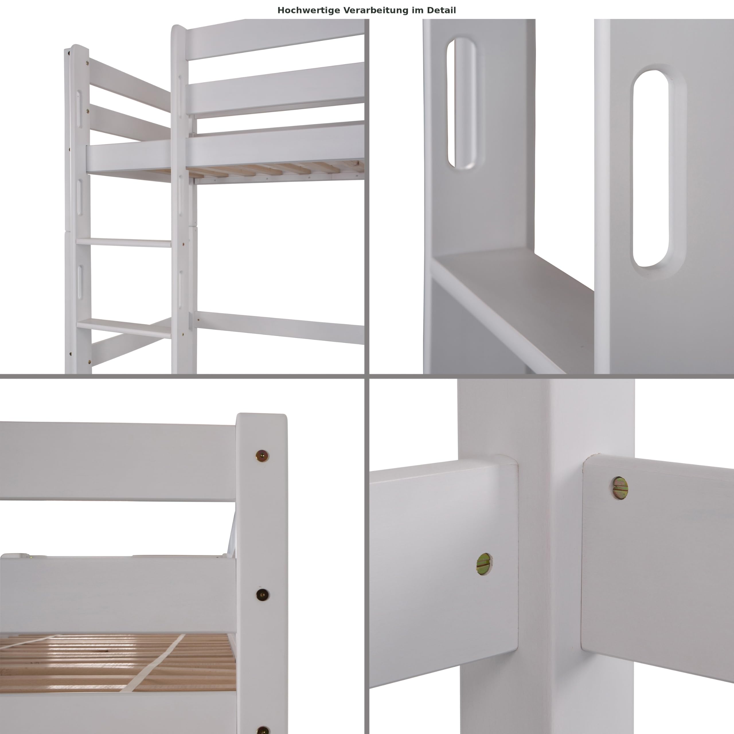 Staboos Hochbett Leni 90x200 Massivholz Kernbuche, Weiß Wasserlack