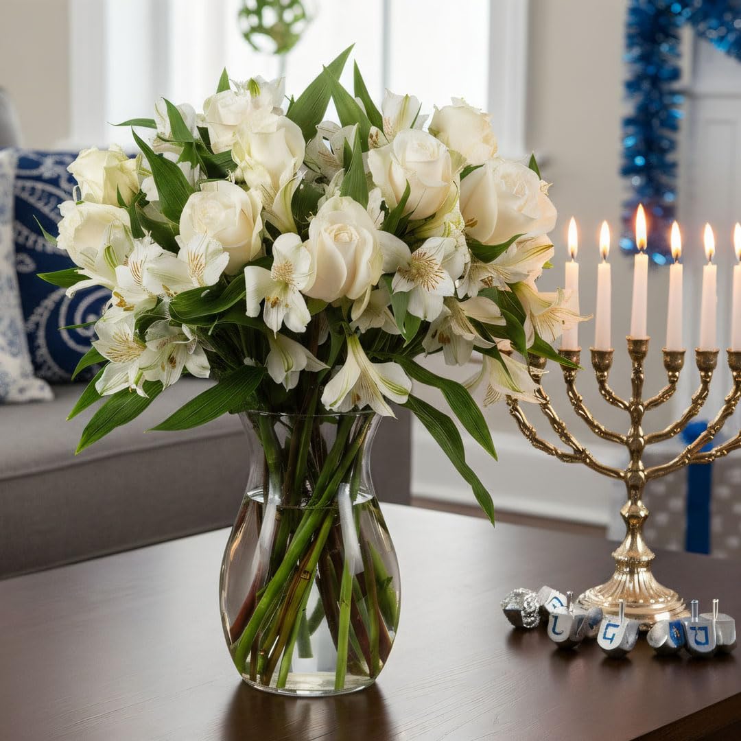 Benchmark Bouquets - Elegance Roses & Alstroemeria (Glass Vase Included) - Fresh Flowers for Next Day Delivery - Gift for Birthday, Anniversary, Sympathy, Get Well, Valentine's Day, Wedding: White/White