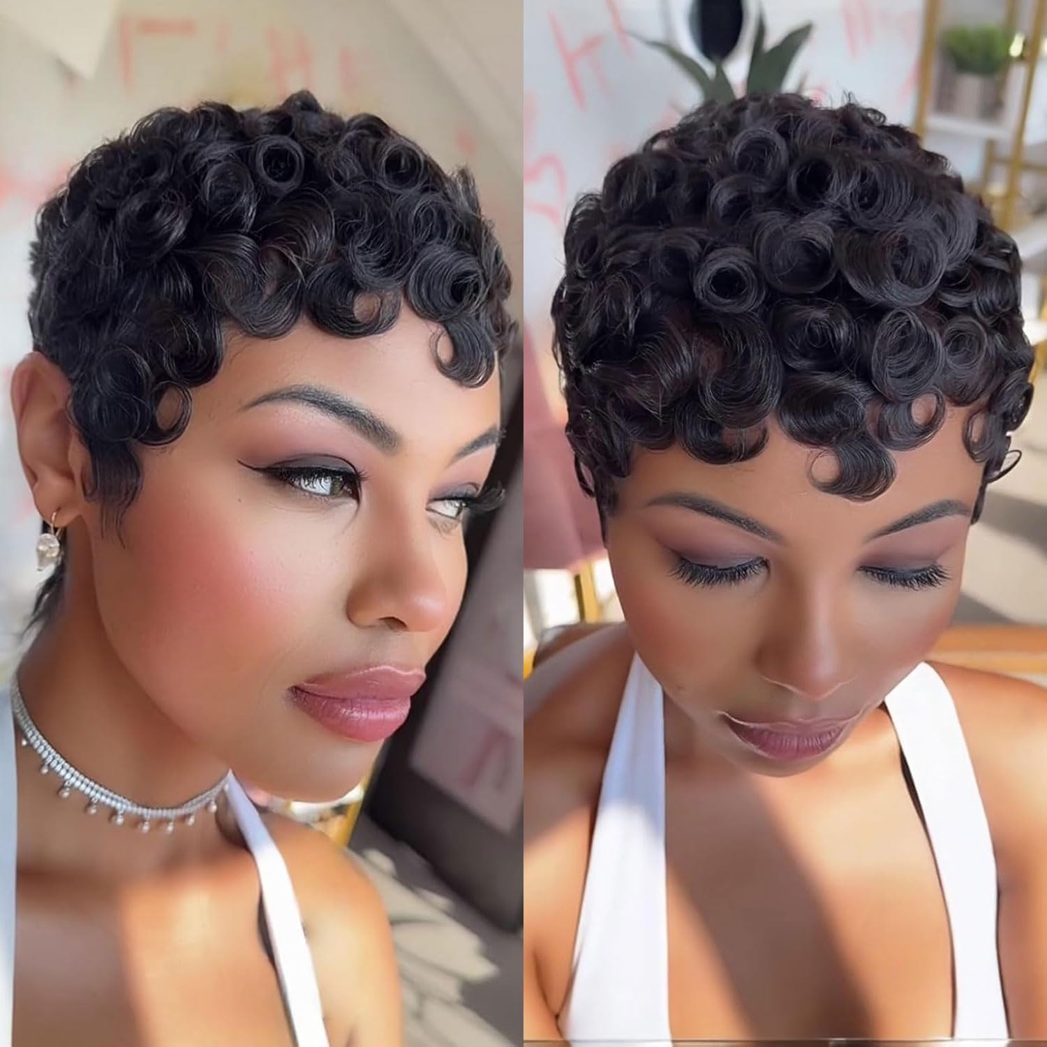 Pixie Cut Curly Human Hair Wigs for Black Women 3" Short Layered Pixie Curly Wigs with Bangs Natural Black Human Hair Glueless Short Human Hair Wig for Summer Wear and Go