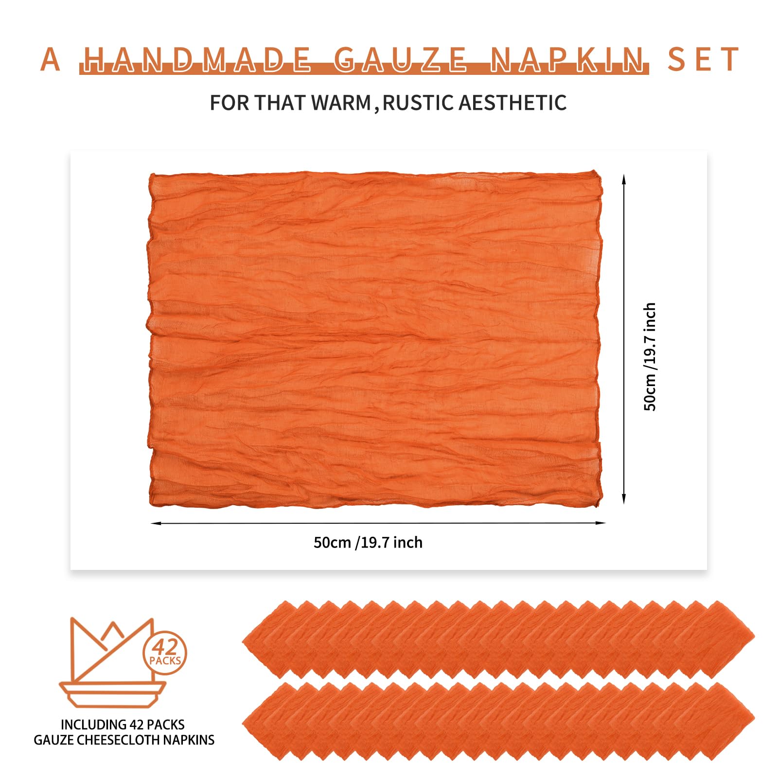 42 Pack Gaze-Käsetuch-Servietten Orange 50 x 50 cm Gebranntes Orange geknitterte Dinner-Servietten, rustikale Boho weiche Stoffservietten für Hochzeit Party Event Tischdekoration