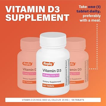 Rugby Vitamin D3, 25 mcg (1,000 IU) - Dietary Supplement - 100 Tablets (1 Pack)