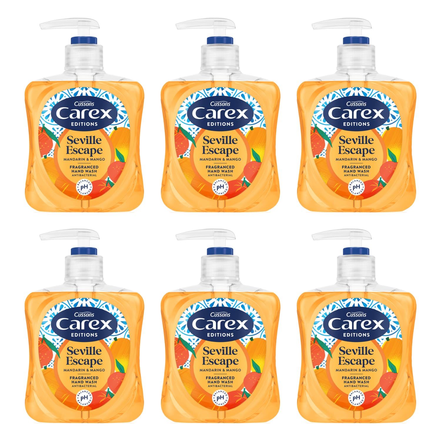 Carex Editions Seville Escape Hand Wash Pack of 6, Antibacterial Hand Soap with Editions Zesty Refreshing Fragrance, Soap that Cleans, Cares and Protects, 6 x 250ml