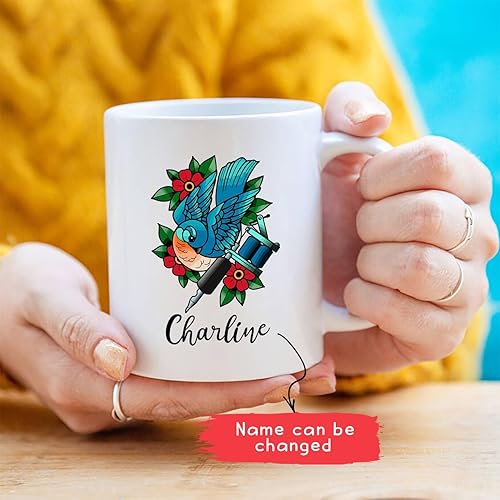 Miniatura 2 de Taza de artista de tatuaje floral, taza de café personalizada para tatuajes, taza de tatuaje personalizada con nombre regalo para amantes del