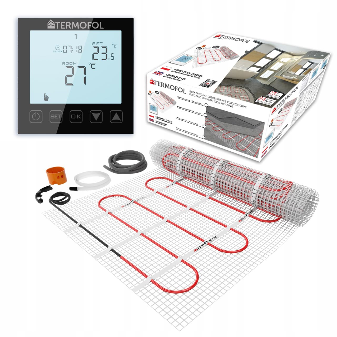 Termofol Zestaw mat grzewczych z termostatem H1, czarny, elektryczne ogrzewanie podłogowe do łazienki, salonu, kuchni, folia grzewcza o sile grzewczej 150 W/m2, powierzchnia 2,0 m², z cyfrowym