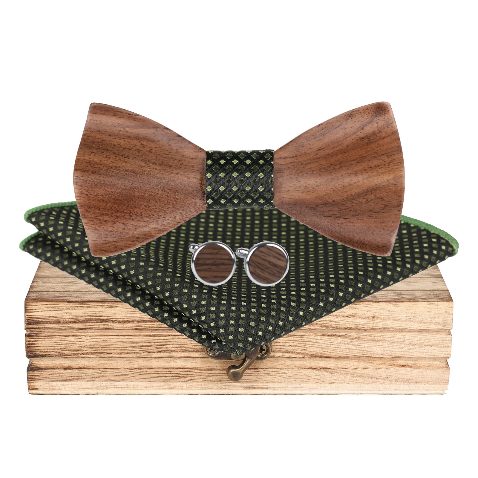 Mr.VanWooden Bow Tie Men's Classic Wooden Bow Tie Set Handmade Natural Wooden Tie Bow Tie for Weddings, Performances, Prom (with Cufflinks, Handkerchief and Bow Tie)