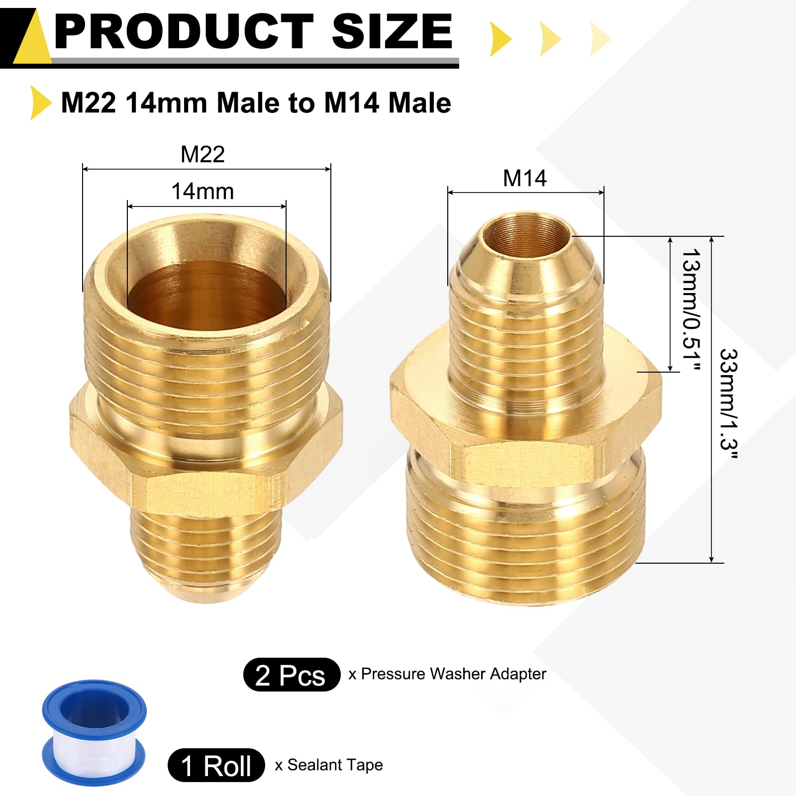 sourcing map 2 adattatori per idropulitrice, M22 da 14 mm maschio a M14 maschio, raccordi a connessione rapida, in ottone, con nastro sigillante per idropulitrici a pressione