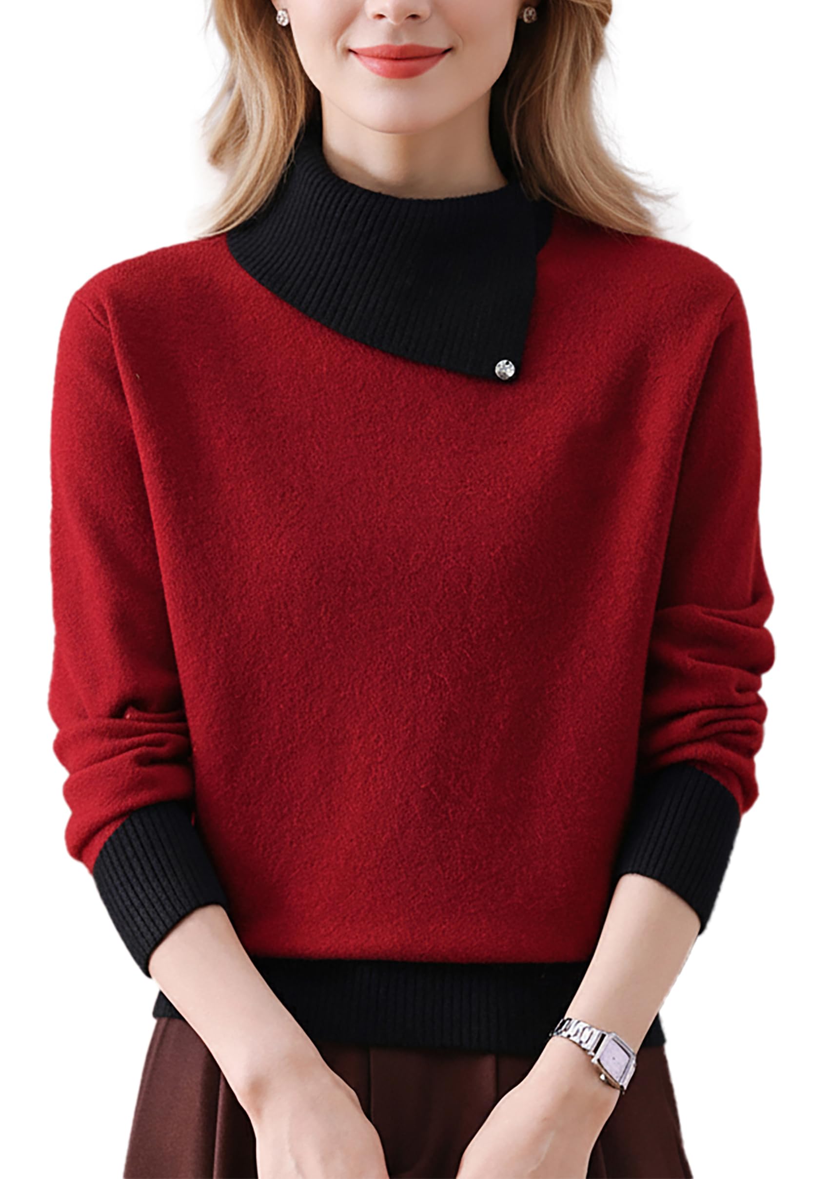 LAI MENG FIVE CATS Womens Asymmetrical Lapel Sweaters 2 in 1 Color Block Ribbed Knit Fall Pullover Tops
