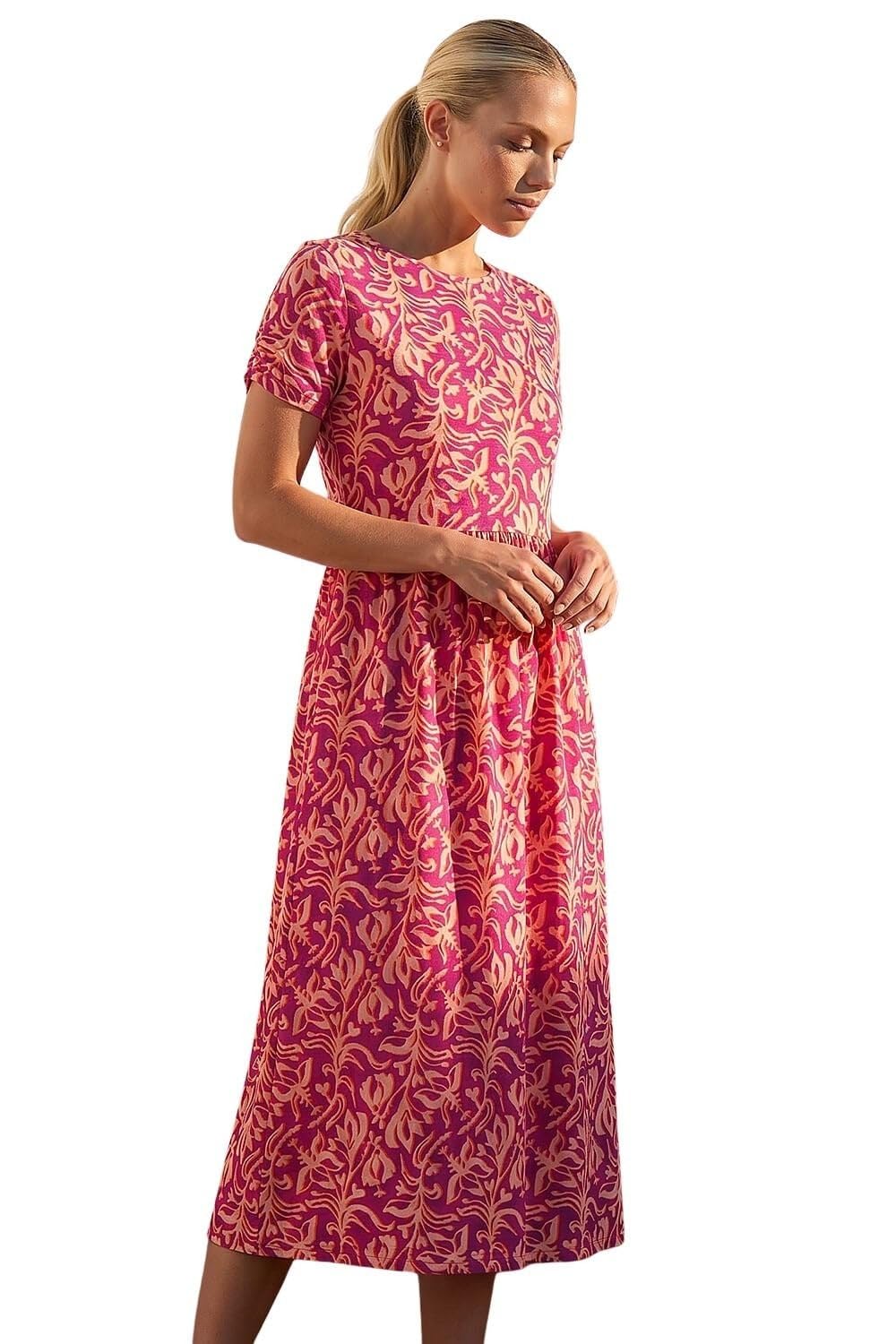 Roman Women's Fuchsia Petite Abstract Print Gathered Midi Dress In | : Size 14