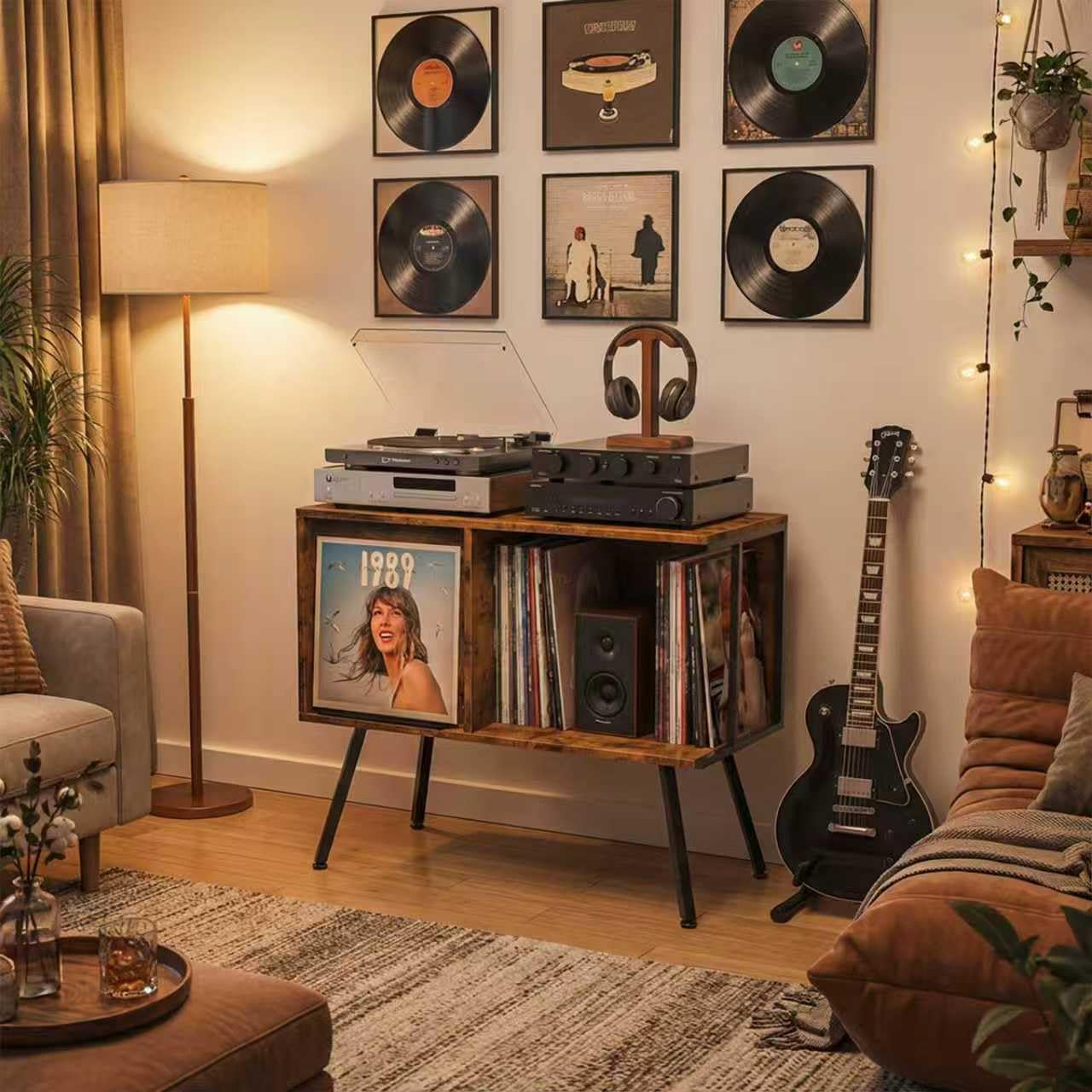 Stojak na gramofon z klapką, duża szafka pomieści do 250 albumów, gramofon z połowy wieku z otwartym schowkiem, półka ekspozycyjna do salonu, sypialni, brązowy