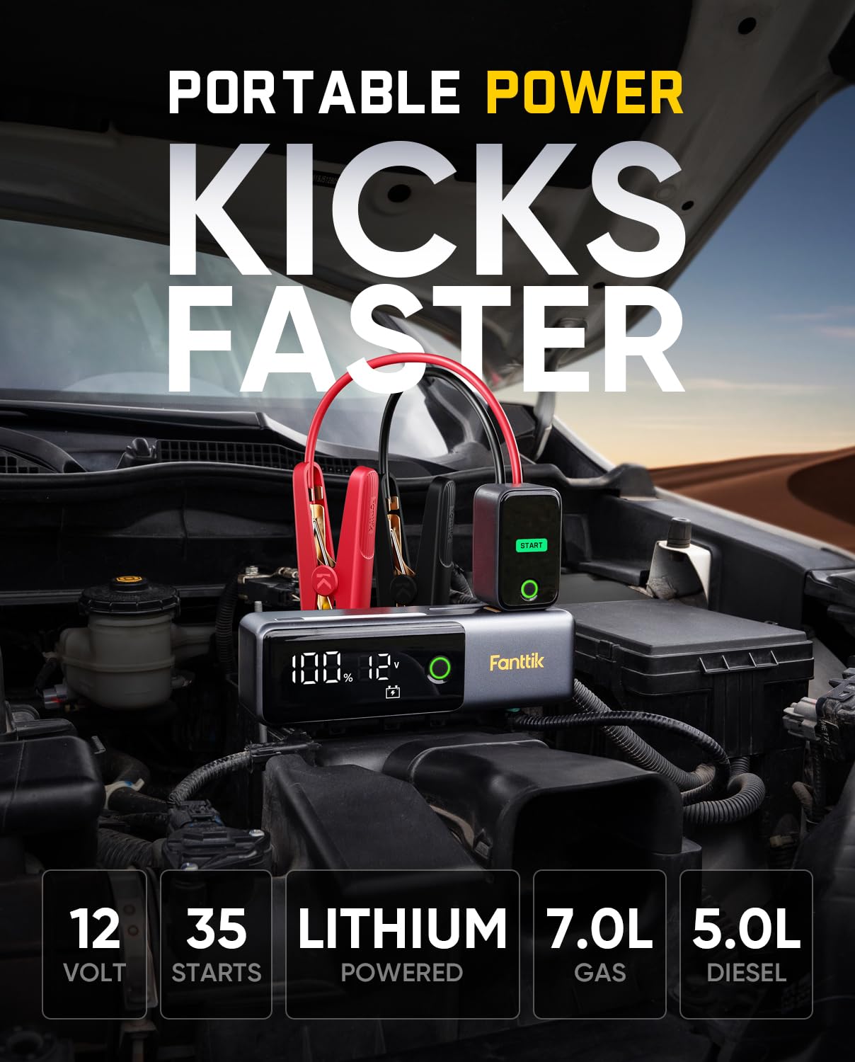Fanttik Potent T10 Tragbarer Starthilfe Powerbank, Starthilfegeräte | 12000mAh Powerbank, 12V sichere Lithium-Starthilfe, Batteriebooster für 7,0L Benzin- und 5,0L Dieselmotoren