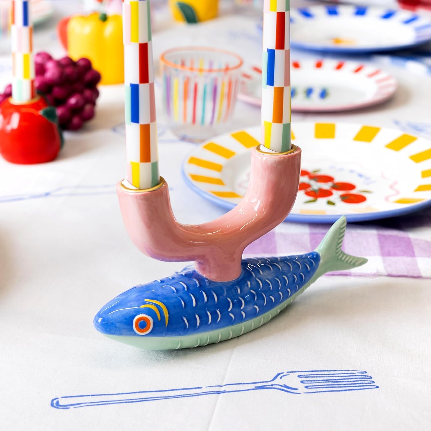 Talking Tables Portacandele in Ceramica a Forma di Pesce, Supporto Taper Candelabro Funky, Decorazioni Tavolo Matrimonio, Regalo, Décor Casa, Centrotavola Cena