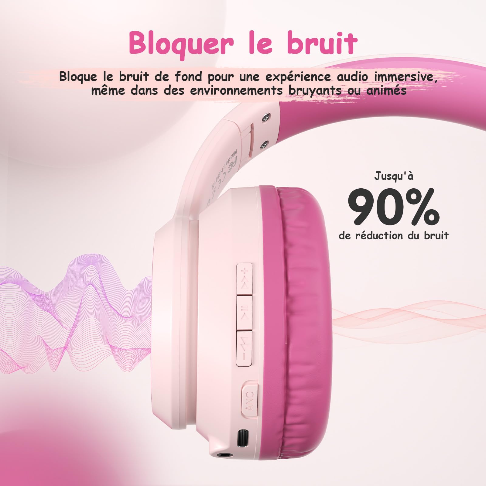 TONOSHARK Casque Bluetooth sans Fil Enfant, Casque Anti-Bruit Enfant Audio, 60h Autonomie, Micro Intégré, Over-Ear Bluetooth Headphones, pour école/Maison/Voyage – étui Inclus (Rose)