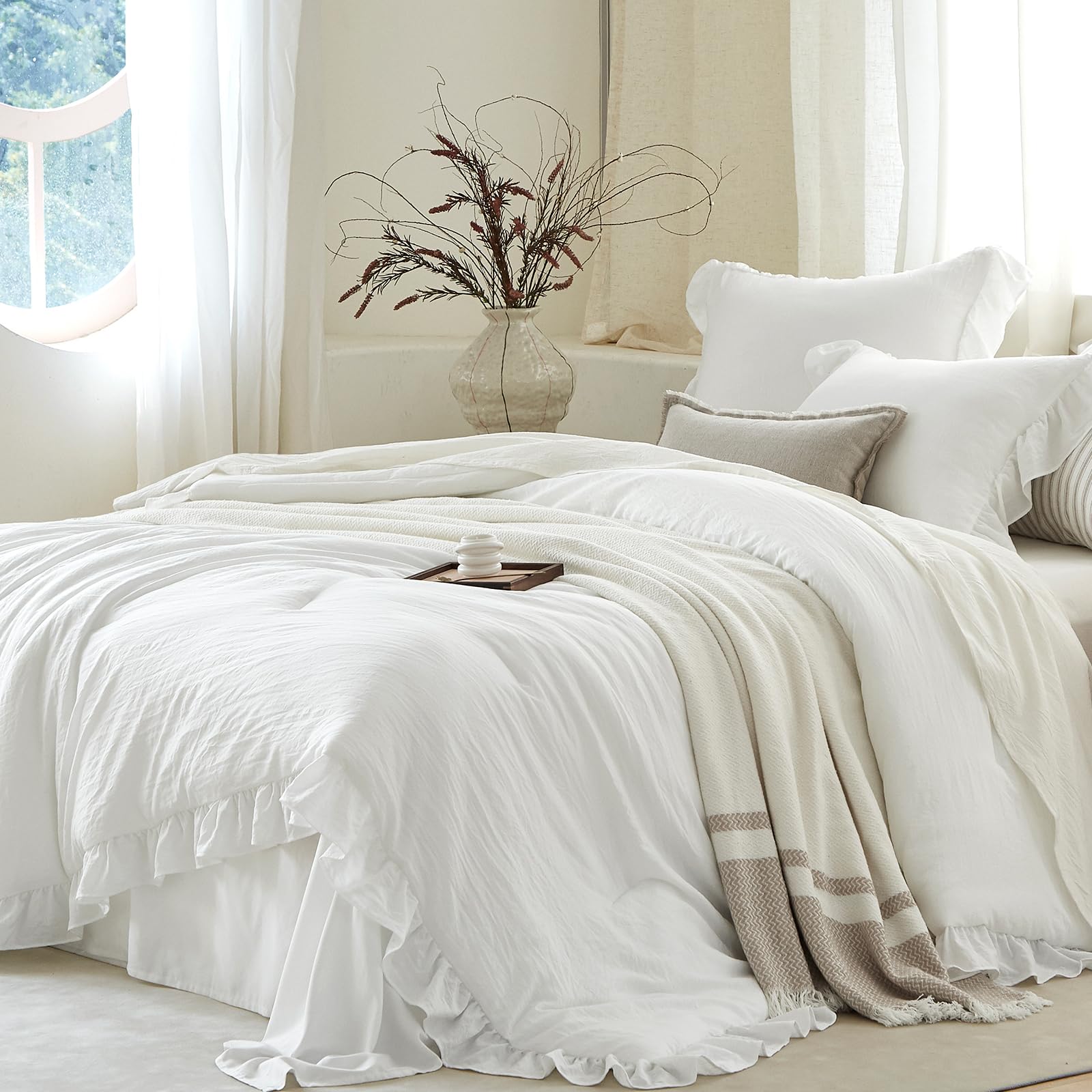 White Ruffle 2 Pieces Comforter Set Twin Shabby Chic Bedding Set