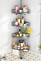 HAMITOR 4-Tier Tension Shower Caddy Pole: Adjustable 47-121in Rustproof Stainless Steel Corner Shelf for Renters, Soap Holder & Large Shampoo Storage
