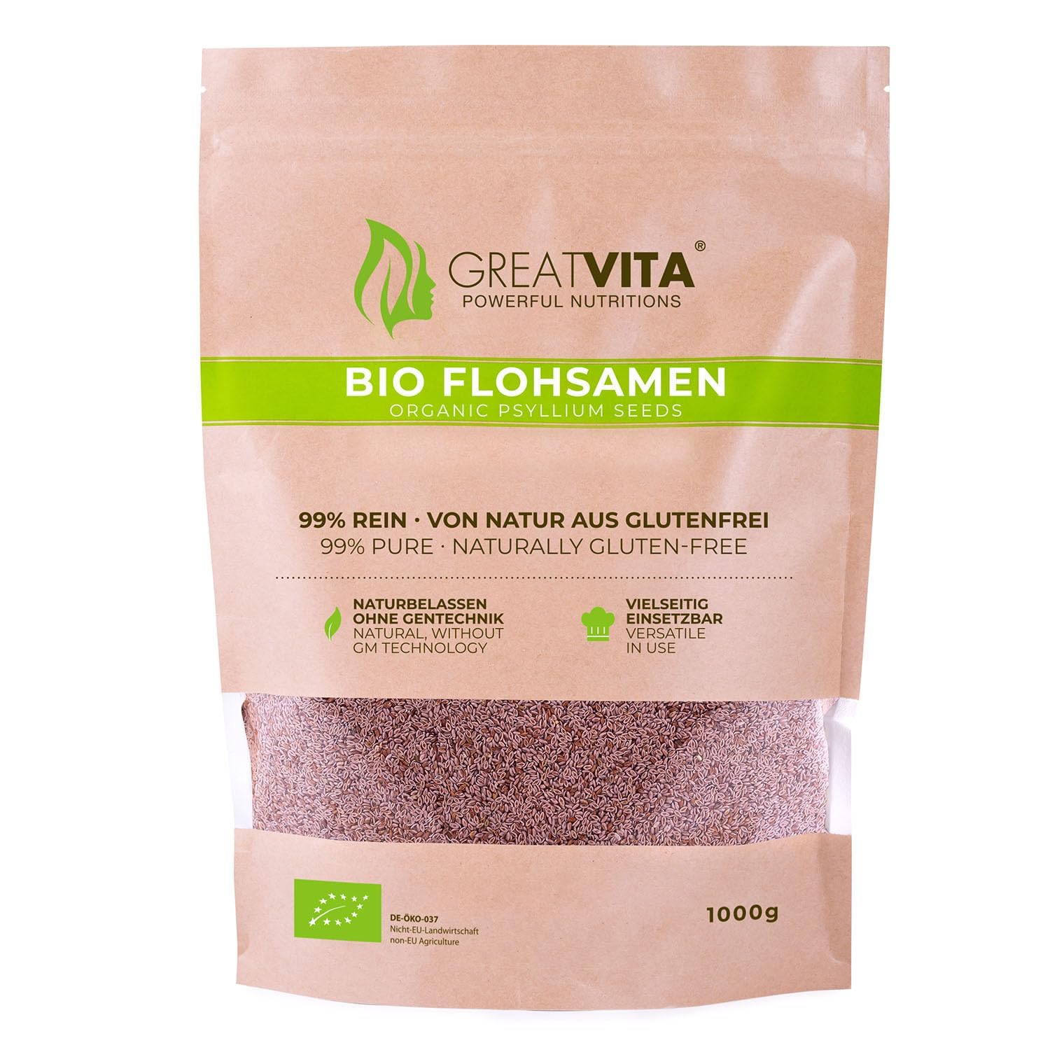 GreatVita Bio Flohsamen 1000g | 99% rein & von Natur aus glutenfrei | Hochwertige Ballaststoffquelle in Rohkostqualität | Vegan, ohne Zusätze, abgefüllt in Deutschland | GreatVita