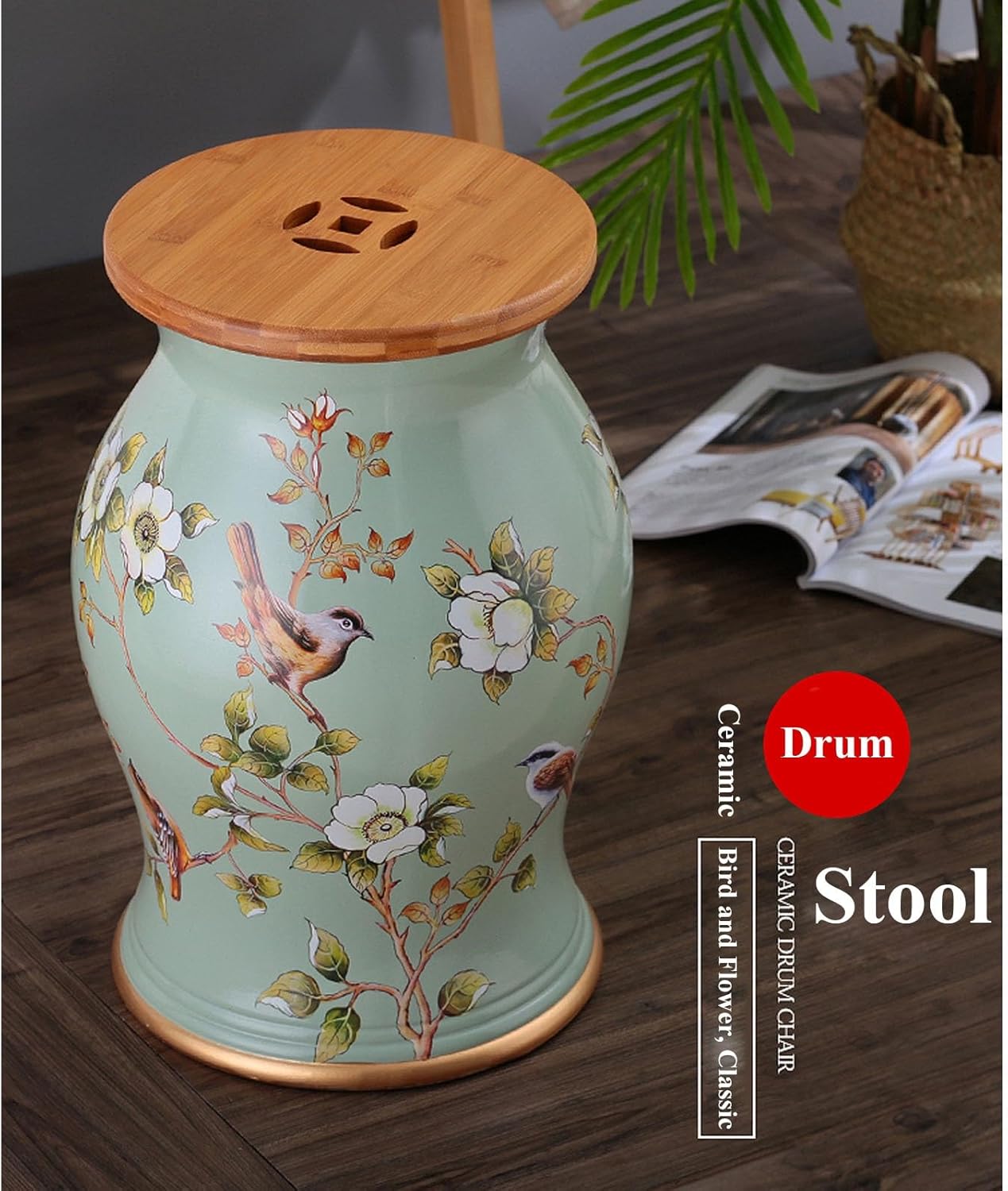 Glazed Ceramic Garden Stool - Hand-Painted Stool Chinese Style Drum Side Table for Cottage, Bathroom, or Porch(I)
