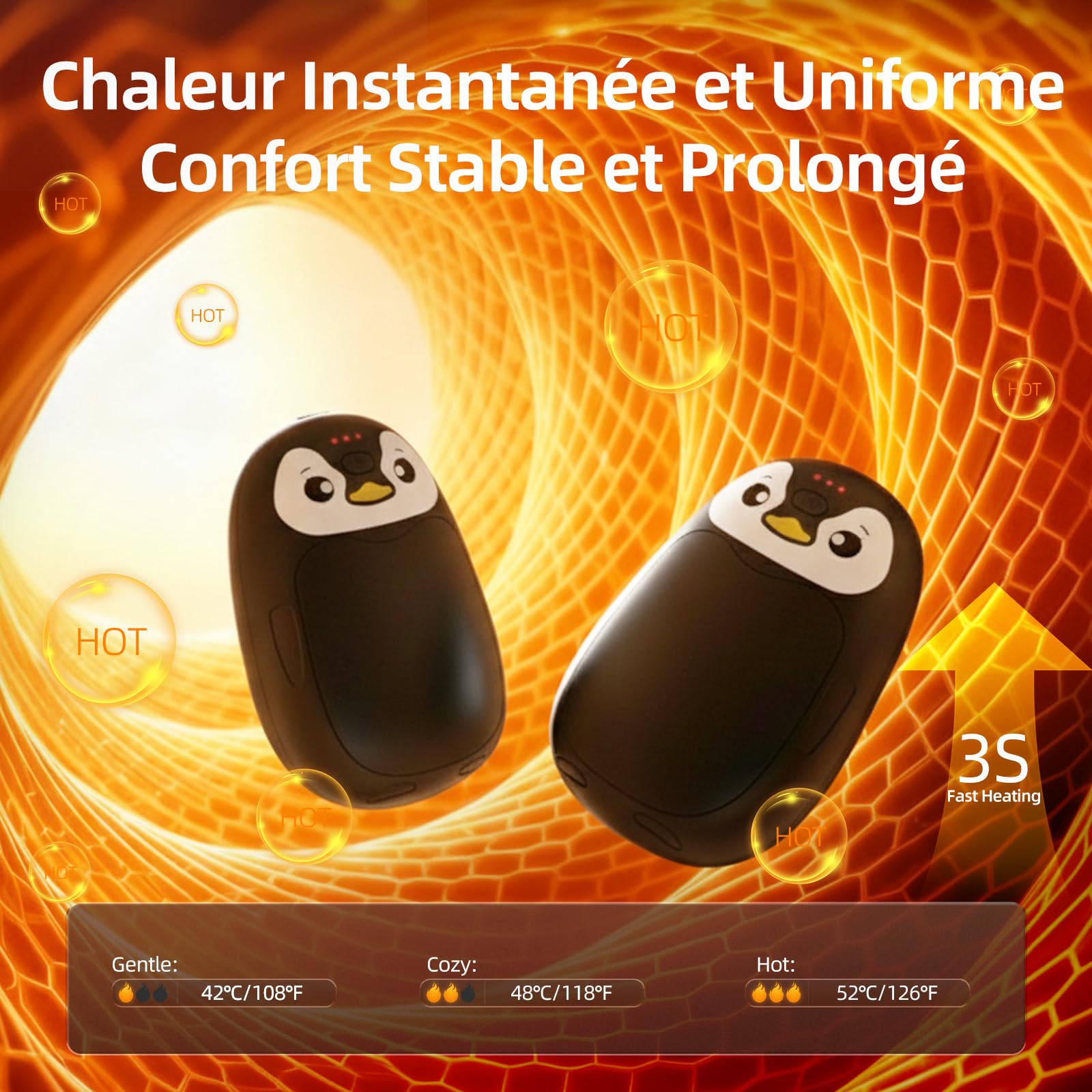 Chauffe Main Electrique 2 en 1, Noir Chaufferette Main Reutilisable 8000mAh Rechargeable par USB, 3 Niveaux de Chauffe, Cadeaux Hiver Unisexes, pour Camping et Sports en Extérieur