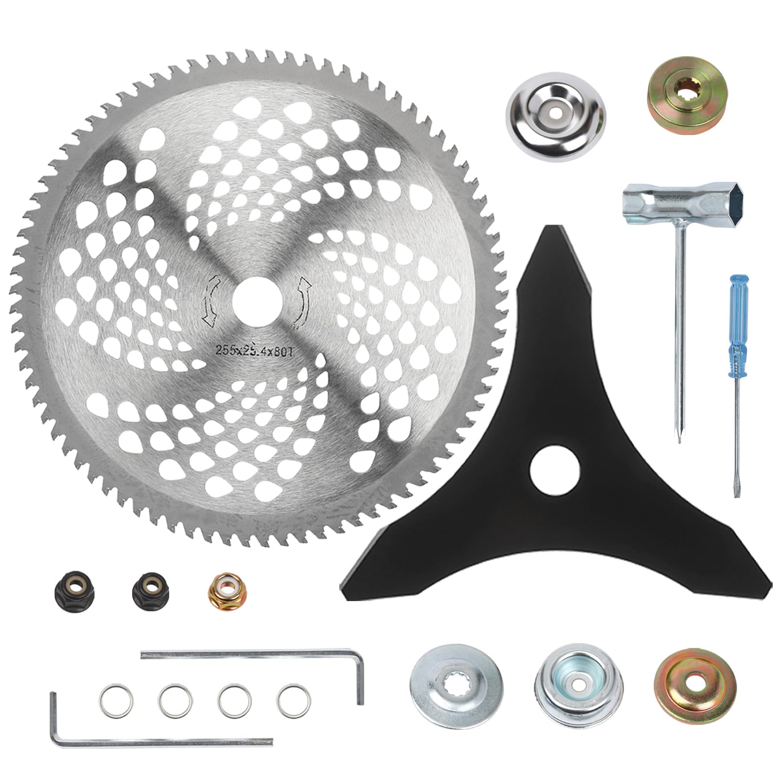 Photo 1 of 10" x 3 Teeth Carbon Steel Brush Cutter Blades,10" x 80T Carbide Tip Brush Cutter Trimmer (with 2 Different Adapter Kits) Compatible with Husqvarna Stihl Ego, Brush Cutter, Trimmer, Weed Wacker