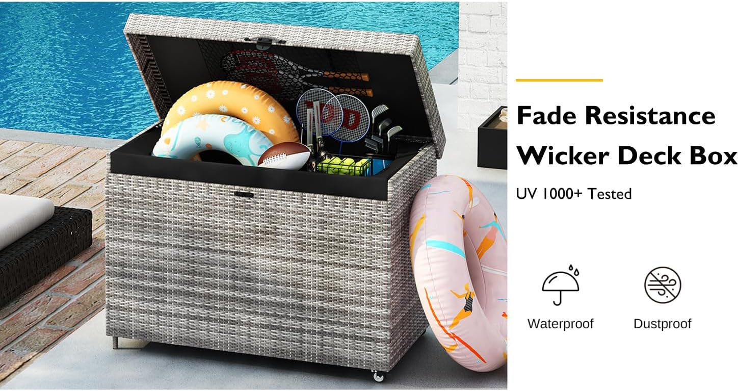 230 Gallon Wicker Deck Box with Wheels, All-Weather Outdoor Storage Box, Rattan Storage Bin for Patio Furniture, Outdoor Cushions, Pool Storage and Garden Tools