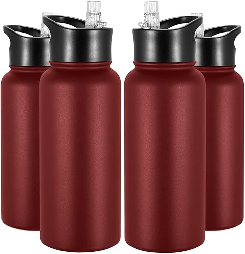 Miniatura 92 de Paquete de 8 botellas de agua deportivas de acero inoxidable con aislamiento de 32 oz, botellas de agua con tapa de pajita y tapas de boca ancha,