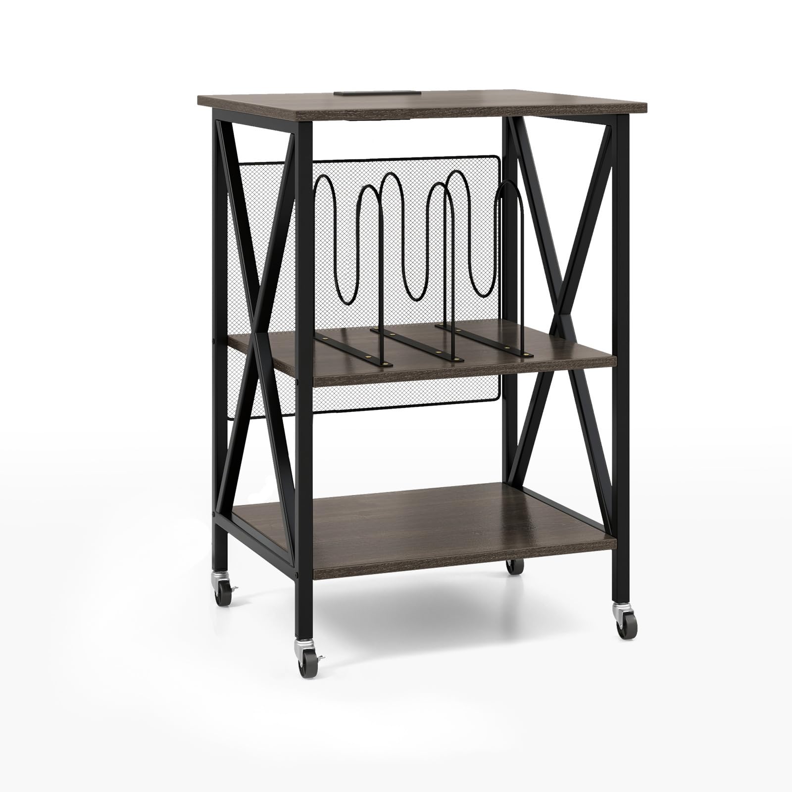 COSTWAY Meuble Tourne-Disque Vinyle avec Prise, Table d’Appoint à Roulette avec Station de Charge, 2 Prises, 1 USB, 1 Type-C, Bout de Canapé, Support Tourne-Disque Industriel (Gris)